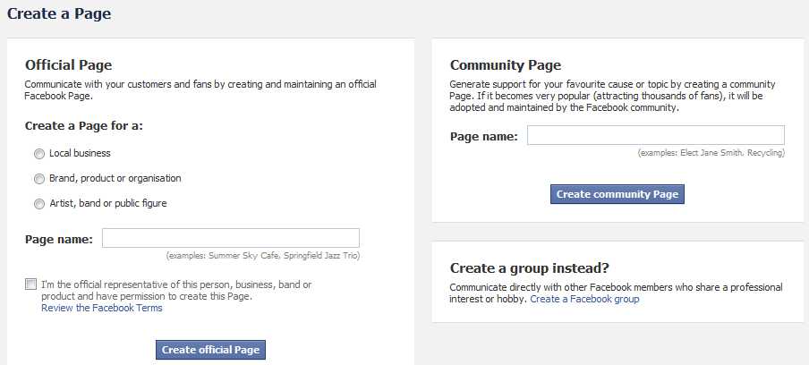 Facebook Create Page